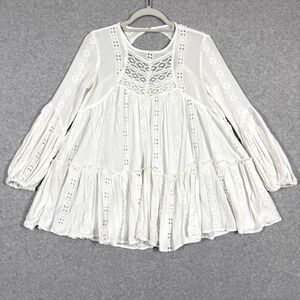 Free People Top Womens XS Kiss Kiss Tunic Off White Peasant Cottage Eyelet‎ Lace